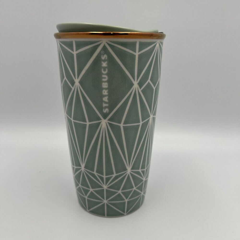 2017 Starbucks Ceramic Geometric Tumbler Travel Mug Mint Green 12oz Ceramic Lid